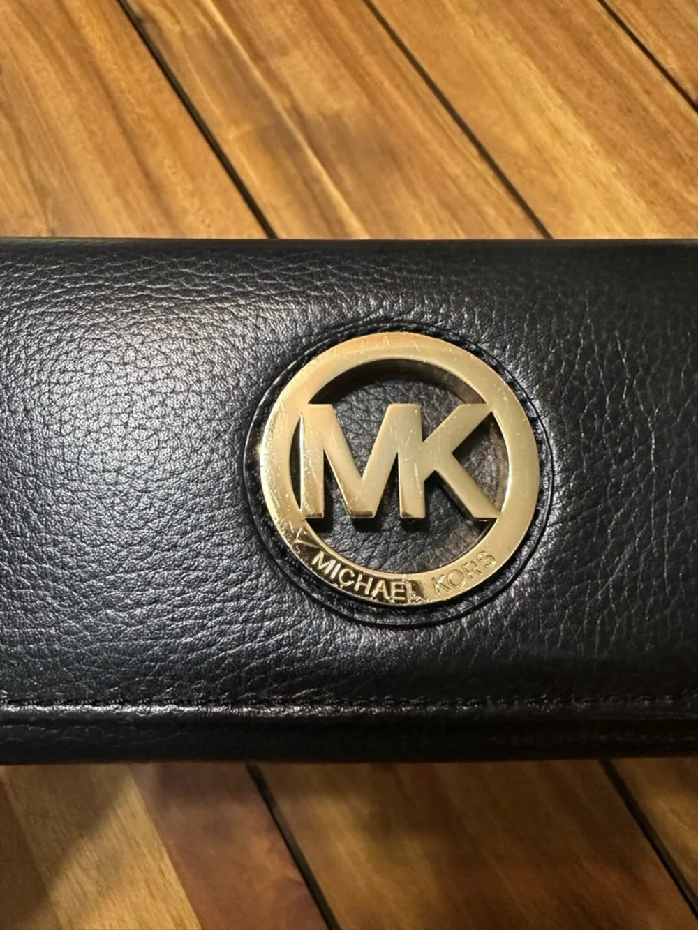 Michael Kors Black Leather Continental Wallet with Gold MK Emblem